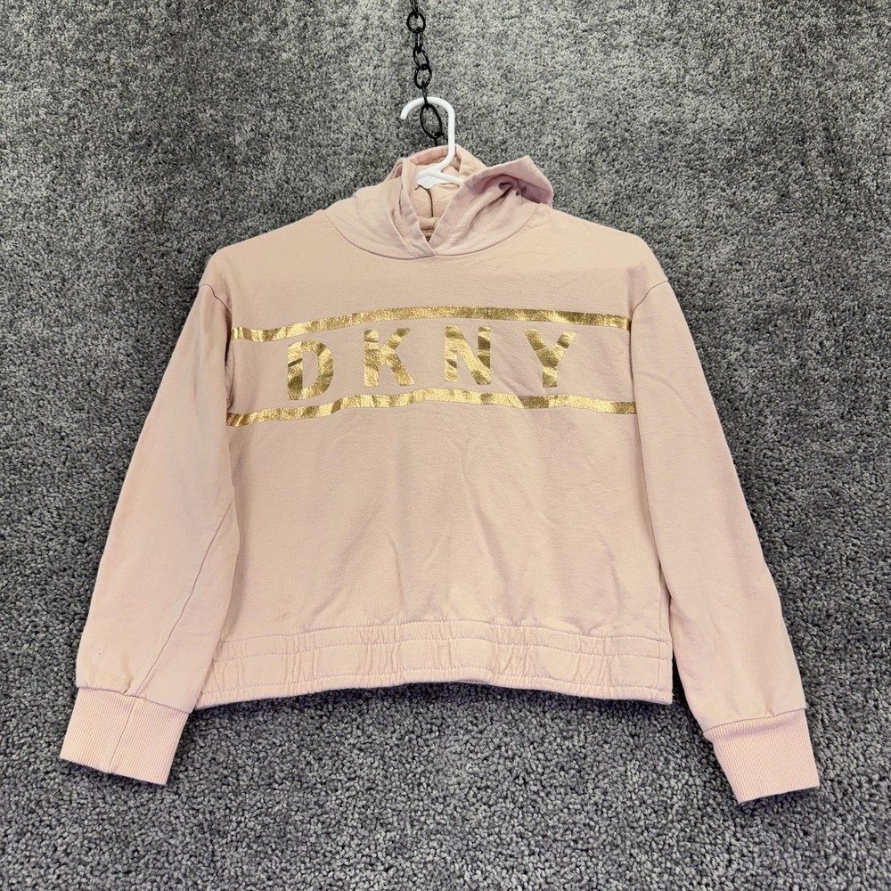 DKNY Hoodie Girls M 8/10 Pink Pullover Gold Logo Graphic Casual Top